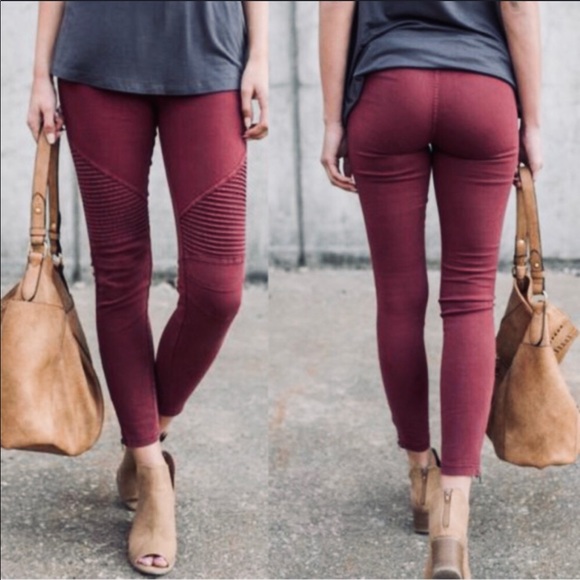 Wine Biker Moto Leggings with Ankle Zipper - Picture 2 of 2